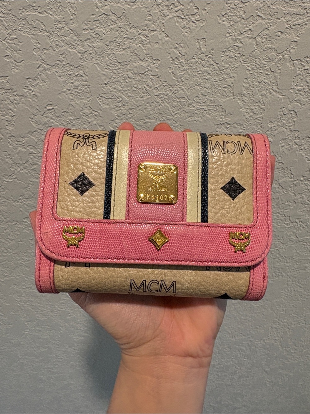 MCM Cream Pink Cognac Trifold Wallet with Gold Plaque